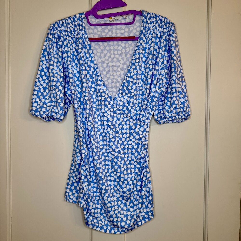 Boden Womens Joanna Wrap Top Ruched Short Sleeve Blue White US Size 6